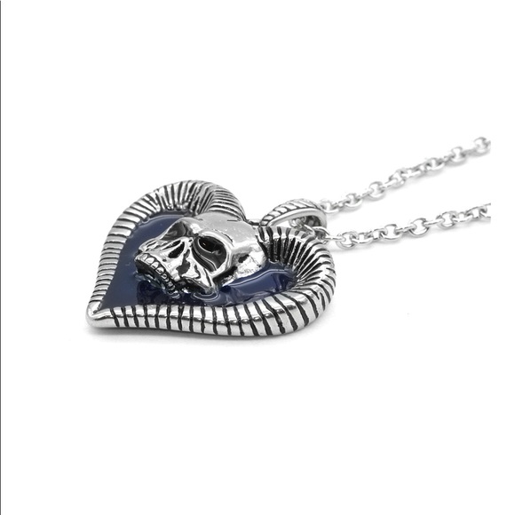 Horned Skull Heart Necklace - Blue Heart - NWT Stainless Steel - Picture 4 of 6
